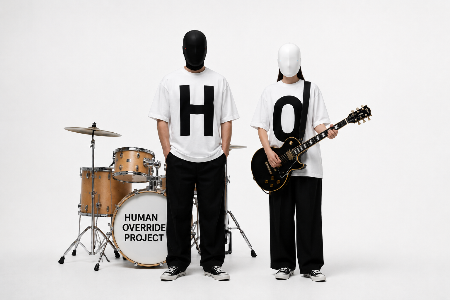 Human Override Project masked duo with drum kit and guitar