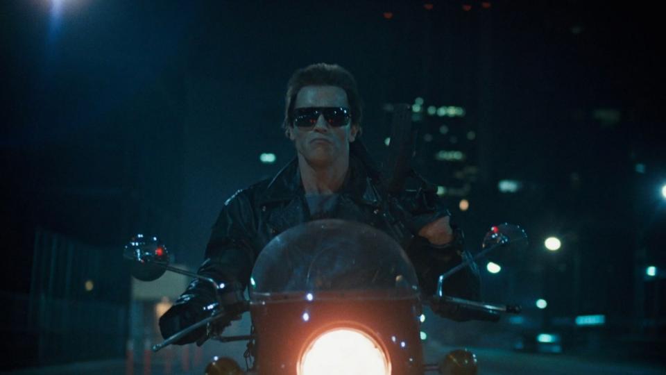 Arnold Schwarzenegger as the Terminator on motorcycle